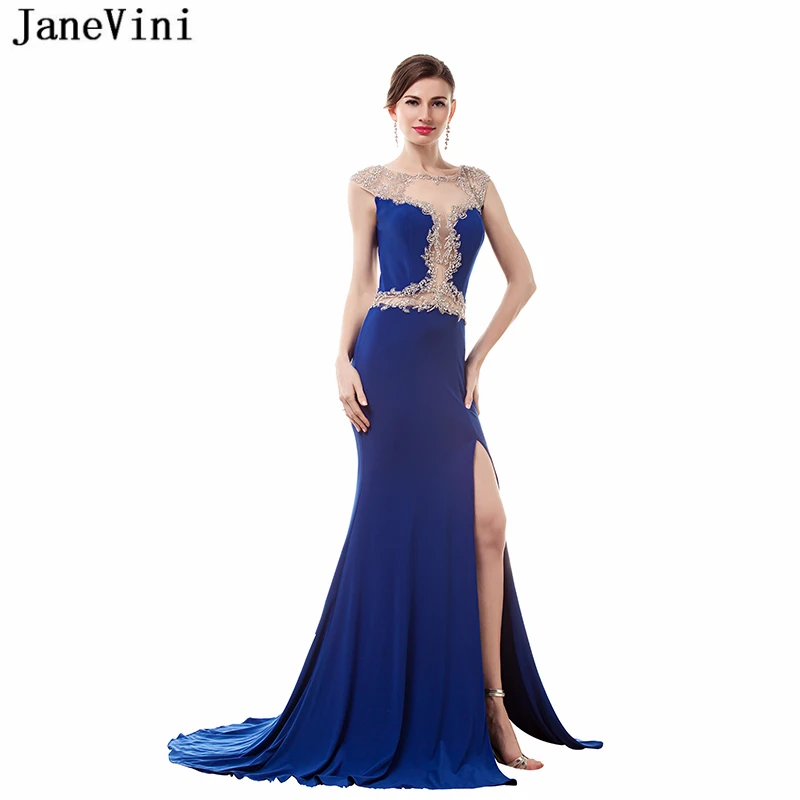 JaneVini 2018 Royal Blue Satin Beading Long Bridesmaid Dresses Sweep Train High Split Illusion Back Formal Prom Gowns for Women
JaneVini 2018 Royal Blue Satin Beading Long Bridesmaid Dresses Sweep Train High Split Illusion Back Formal Prom Gowns for Women