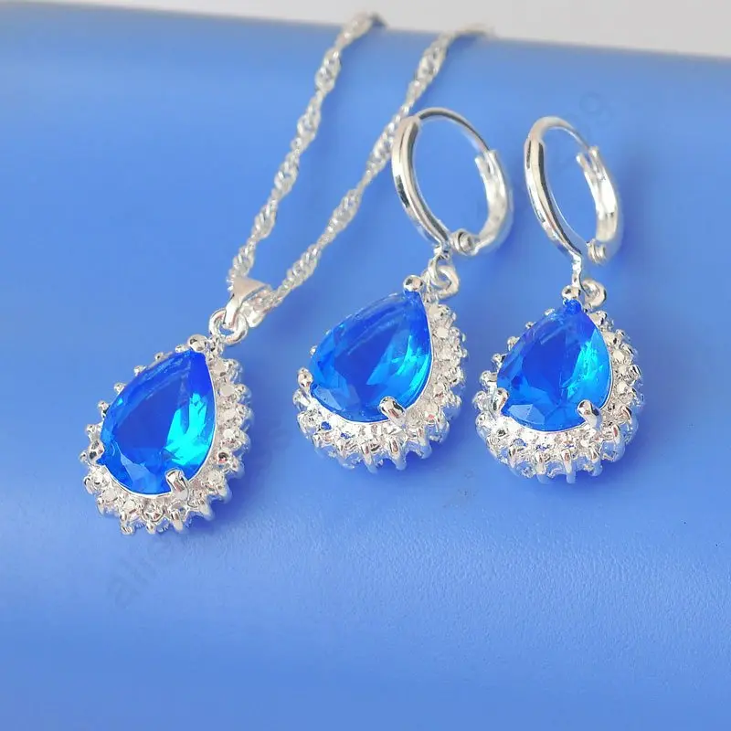 Real 925 Sterling Silver Charming Wedding Jewerly Set With Blue Waterdrop Crystals CZ Necklace Earring For Women Wedding
Real 925 Sterling Silver Charming Wedding Jewerly Set With Blue Waterdrop Crystals CZ Necklace Earring For Women Wedding
