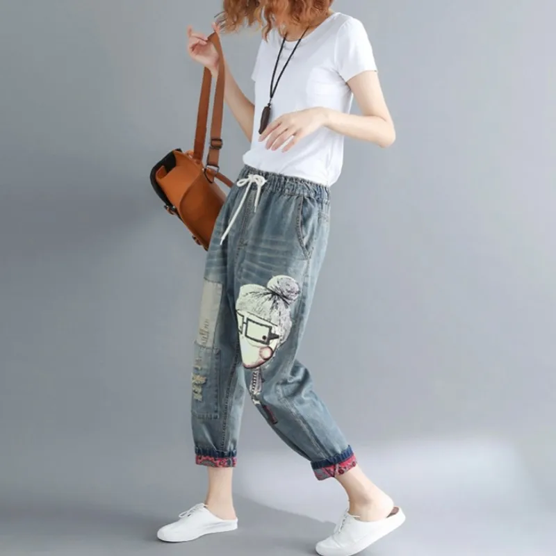 Модные женские джинсовые брюки с принтом эластичная талия карманы свободные