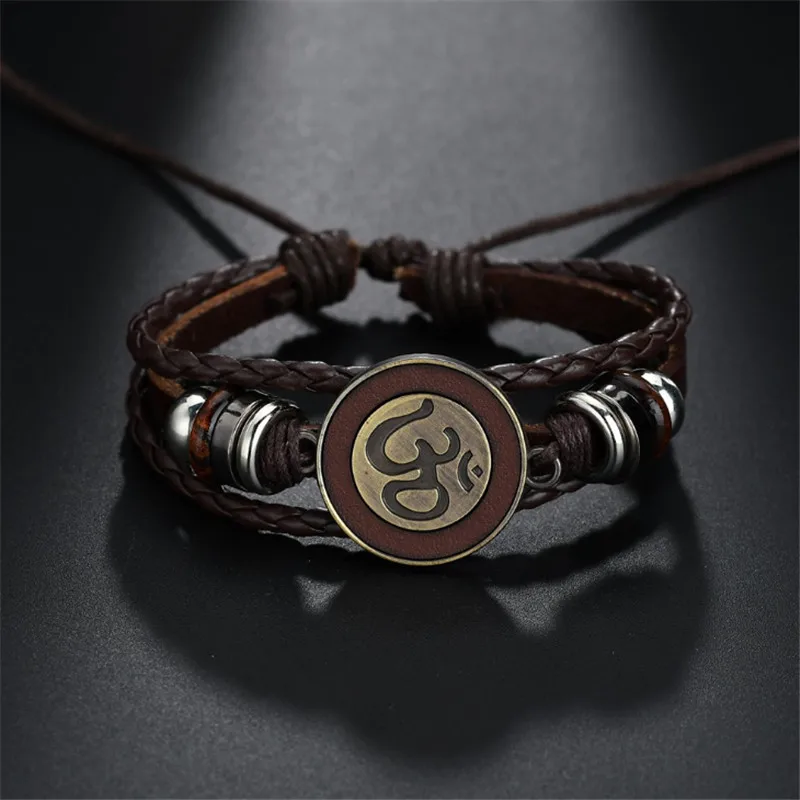 Черные и коричневые кожаные браслеты-цепочки с античным золотом Om/Ohm/aum шарм