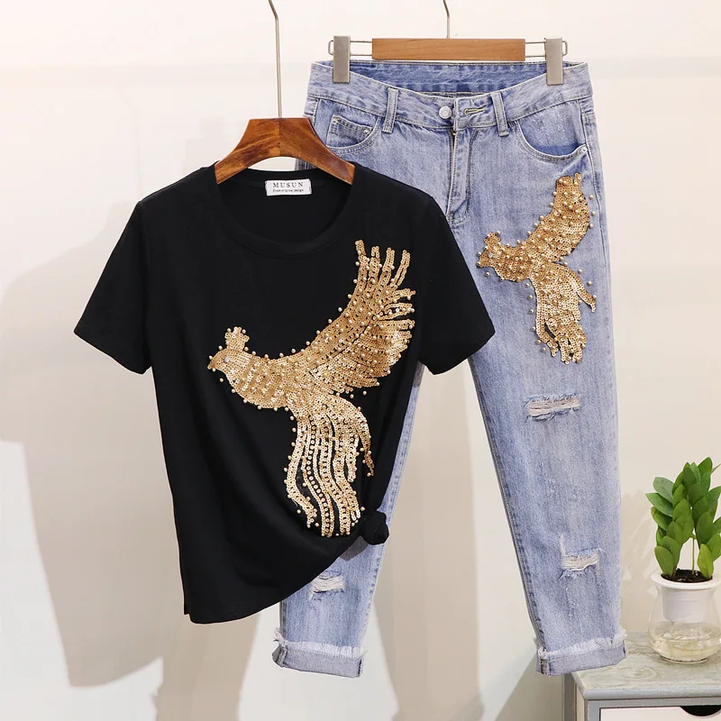 ALPHALMODA/Новинка блестящая футболка с короткими рукавами украшенная жемчугом и