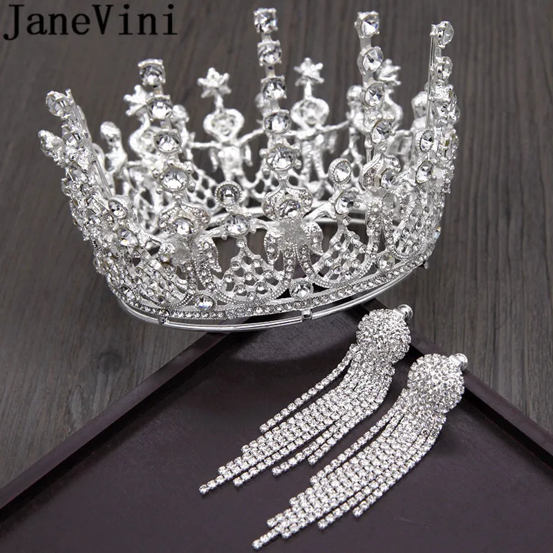 

JaneVini Luxury Baroque Beaded Bride Crown Earrings Crystal Rhinestones Gold Hair Jewelry Wedding Round Bridal Crowns Tiaras