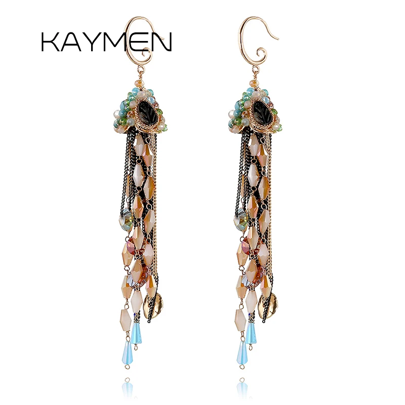 KAYMEN Handmade Bohemia Style Tassels Drop Dangle Crystal Earrings For Girls, Golden Plated Chains Fashion Earrings EA-04137
KAYMEN Handmade Bohemia Style Tassels Drop Dangle Crystal Earrings For Girls, Golden Plated Chains Fashion Earrings EA-04137