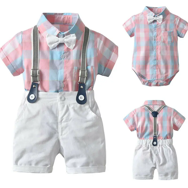 

Summer 6M-4Y 2Pcs Toddler Kids Baby Boy Clothes Gentleman Outfit Clothes Pink Plaid T-shirt Top Rompers +Overalls Shorts Set