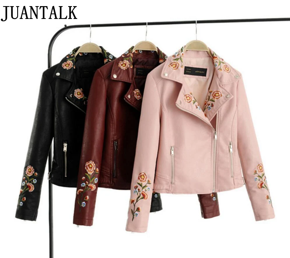 JUANTALK Autumn Winter Women Fashion Flower Embroidery PU Leather Jacket Motorcycle Zipper Coat Black Pink Red Outwear
JUANTALK Autumn Winter Women Fashion Flower Embroidery PU Leather Jacket Motorcycle Zipper Coat Black Pink Red Outwear