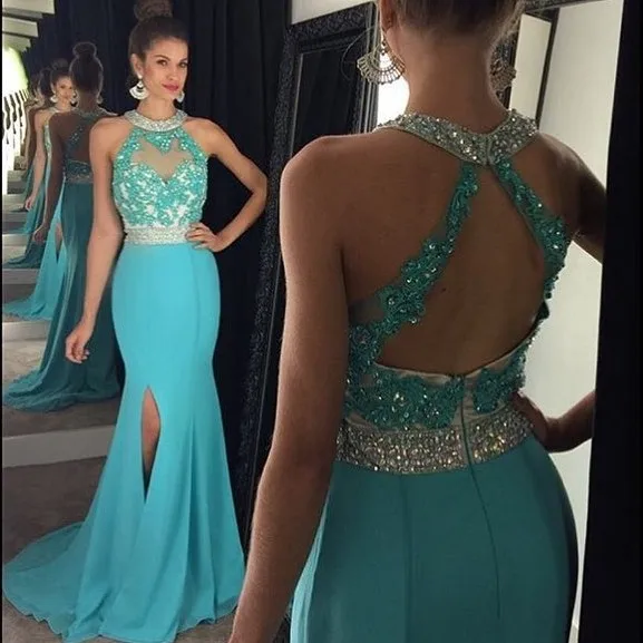 Sexy Halter Long Side Slit Mermaid Prom Dresses 2021 Light Sky Blue Robe de soiree Evening Party Dress For Graduation | Свадьбы и