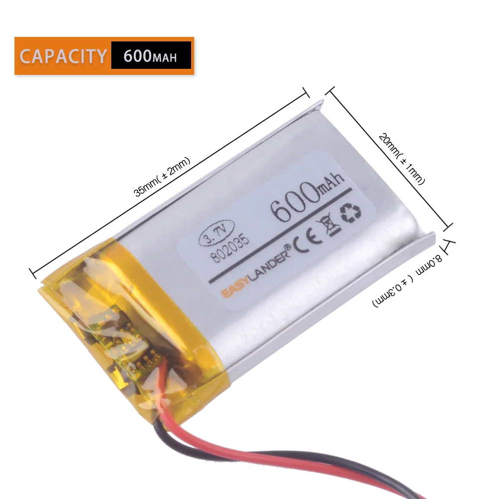 802035 3.7V 600mAh Rechargeable li Polymer Battery For MP3 MP4 DVR GPS navigator toys 1lCP9/21/36 801935
802035 3.7V 600mAh Rechargeable li Polymer Battery For MP3 MP4 DVR GPS navigator toys 1lCP9/21/36 801935