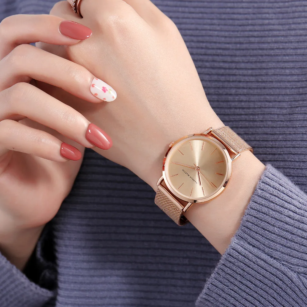 Женские кварцевые часы HM Top Brand розовое золото простые повседневные из