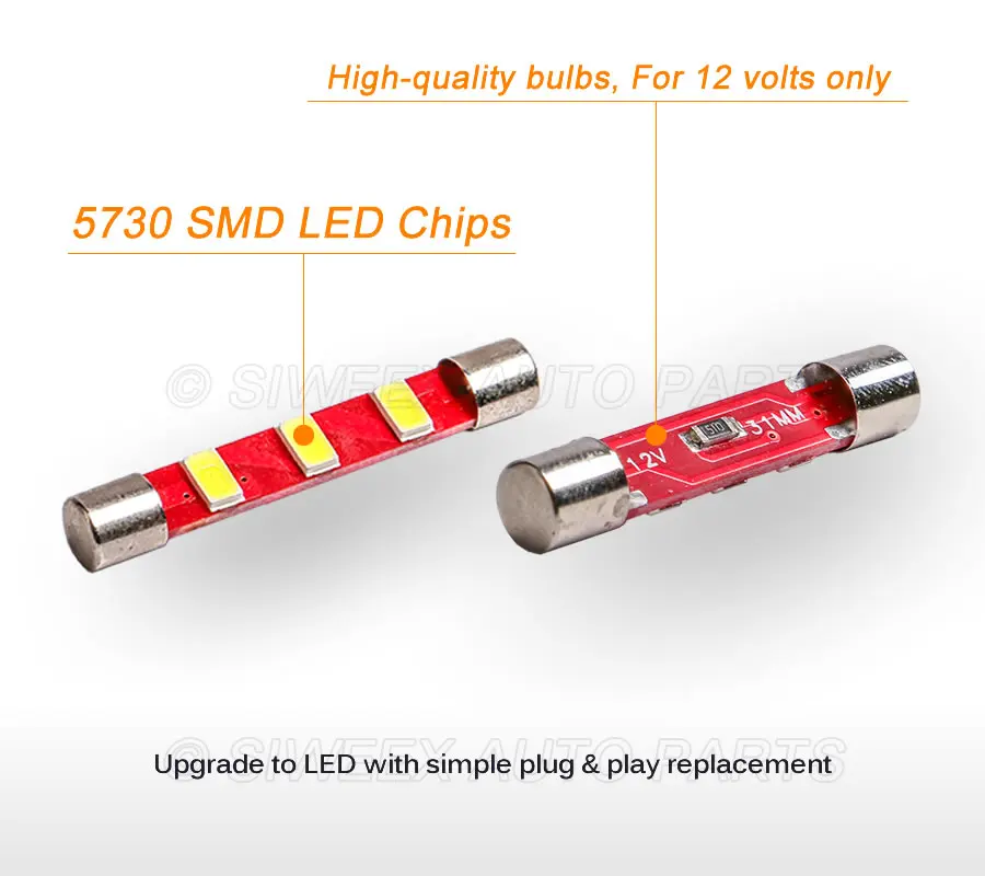 10 Pcs/Lot Dome Festoon LED Bulbs 31MM 36MM 39MM 41MM 3 SMD 5730 Reading Map Lamp Door License Plate Lights White 12V
10 Pcs/Lot Dome Festoon LED Bulbs 31MM 36MM 39MM 41MM 3 SMD 5730 Reading Map Lamp Door License Plate Lights White 12V