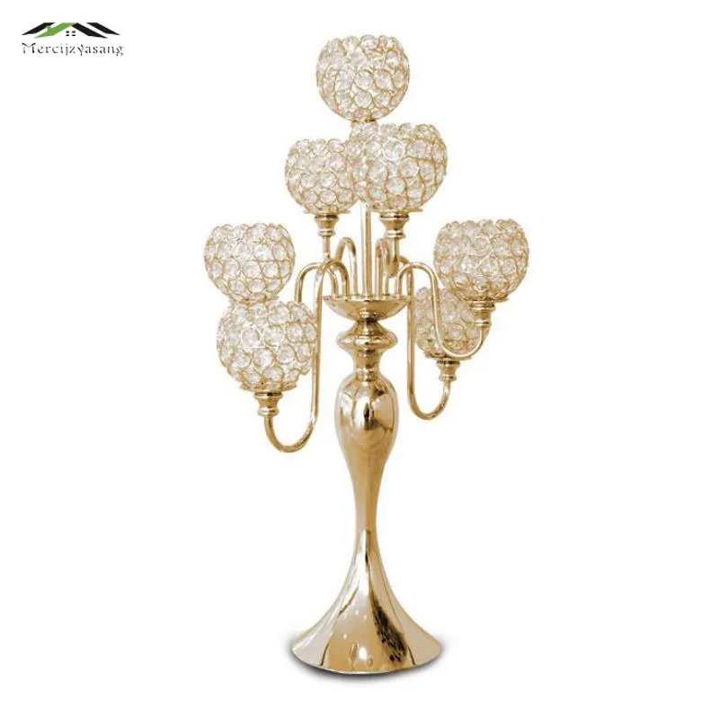 

10Pcs/Lot Metal Gold/Silver Candle Holders Retro 7-Arms With Crystals Stand Pillar Candlestick For Wedding Portavelas Candelabra