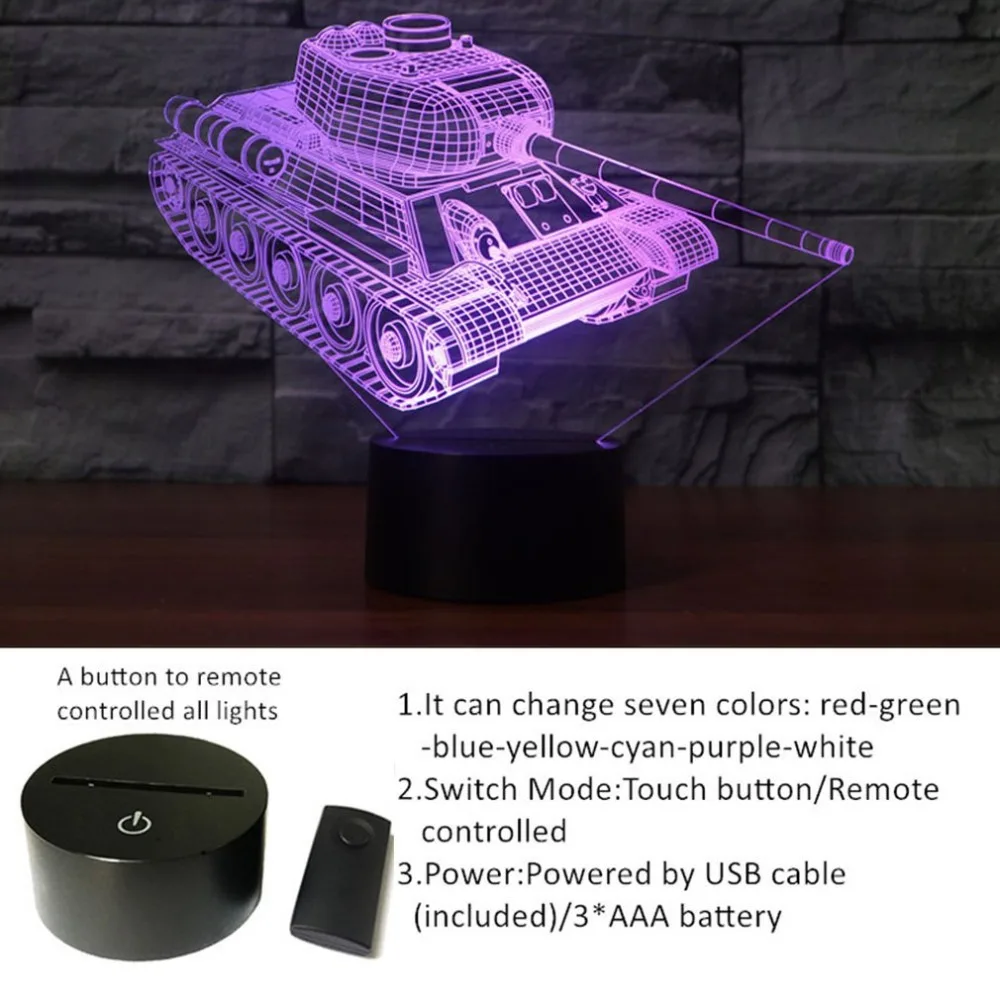 3D Lamp Tank Shape LED Night Light 7 Colors Changing Desk Lamp Touch Table Lamp Stereoscopic Illumination Drop Shipping Sale
3D Lamp Tank Shape LED Night Light 7 Colors Changing Desk Lamp Touch Table Lamp Stereoscopic Illumination Drop Shipping Sale