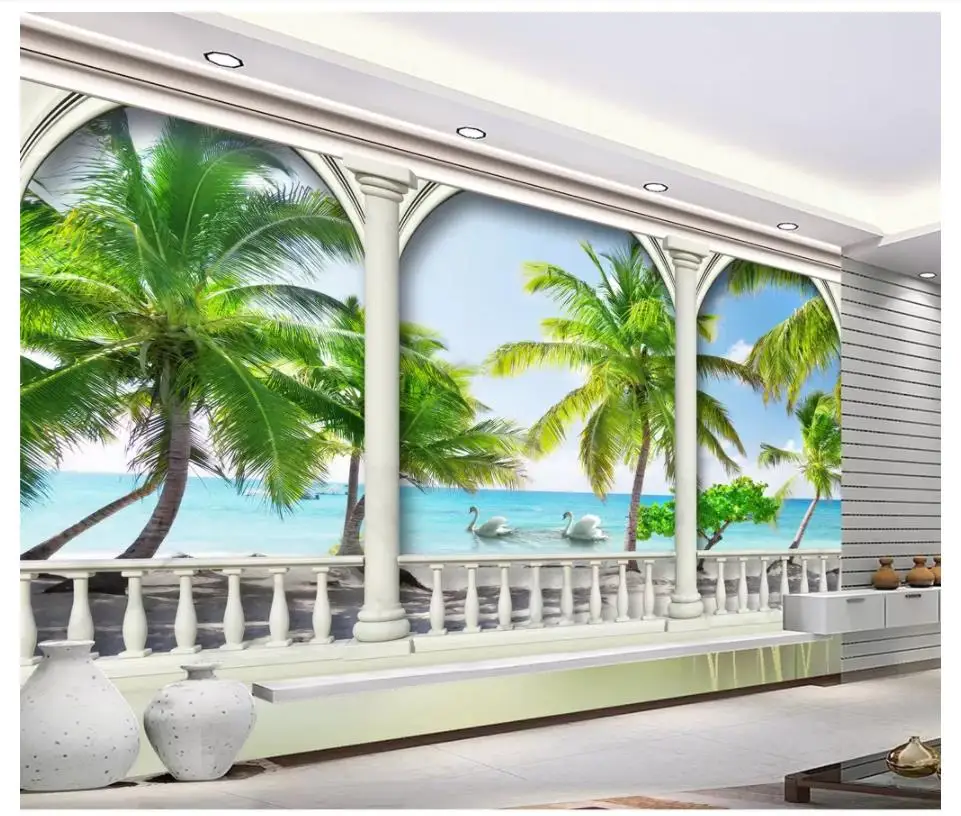 

Пользовательские фото обои для стен 3 d средиземноморские фрески морской пейзаж, цилиндрическое дерево, 3D ТВ фон стены Декор для дома
