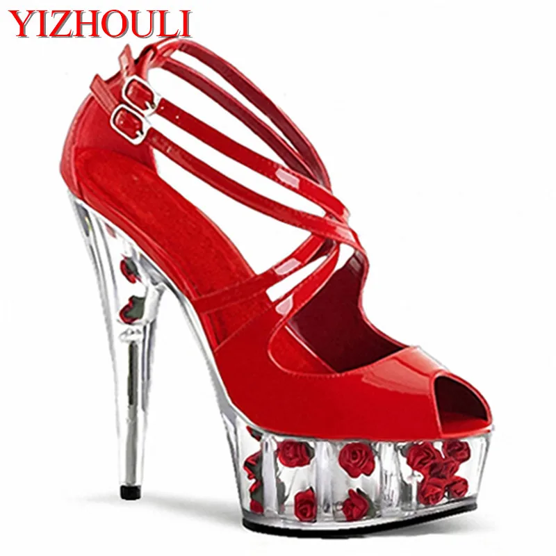 

Faye wong stage 15 cm super high heels Thick bottom sandals Diamond Roman black shoes