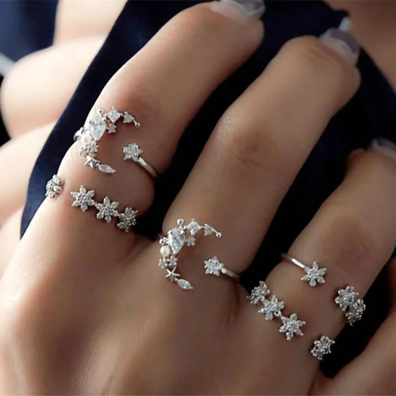 5pcs/set Vintage Crystal Moon Star Knuckle Finger Rings Antuque Silver Boho Female Open Rings Wedding Party Jewelry For Women
5pcs/set Vintage Crystal Moon Star Knuckle Finger Rings Antuque Silver Boho Female Open Rings Wedding Party Jewelry For Women