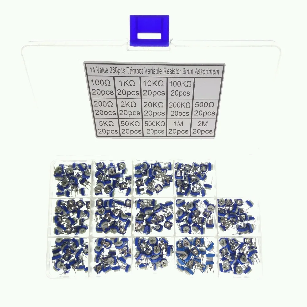 14 Values 280pcs 100ohm ~2M 1K 10K 100K 2K 20K 200K ohm Trimming Potentiometer top adjustment Variable Resistors Assorted Kit
14 Values 280pcs 100ohm ~2M 1K 10K 100K 2K 20K 200K ohm Trimming Potentiometer top adjustment Variable Resistors Assorted Kit