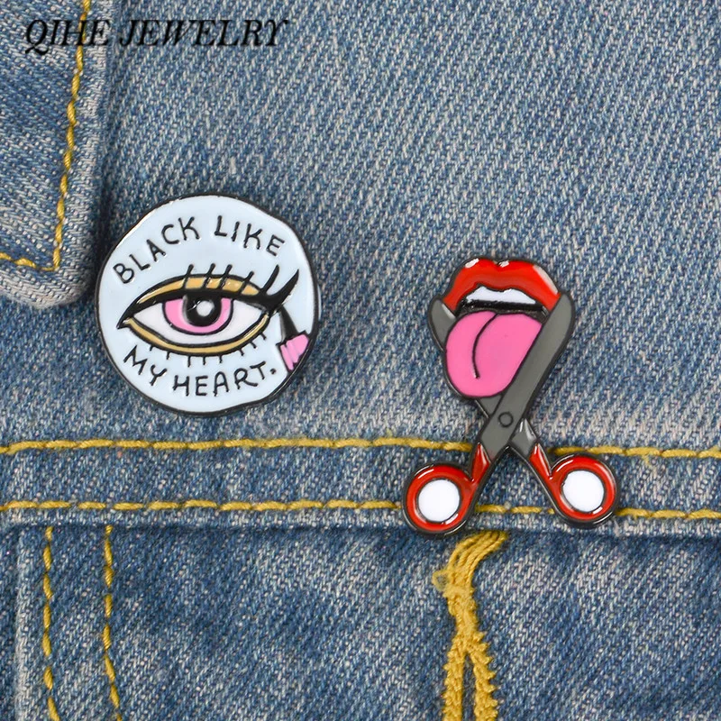 QIHE JEWELRY Black Like My Heart Pins Eye and Mouth Brooches Eyeline Red Lips Scissors Jewelry Punk Pins Badges 
QIHE JEWELRY Black Like My Heart Pins Eye and Mouth Brooches Eyeline Red Lips Scissors Jewelry Punk Pins Badges