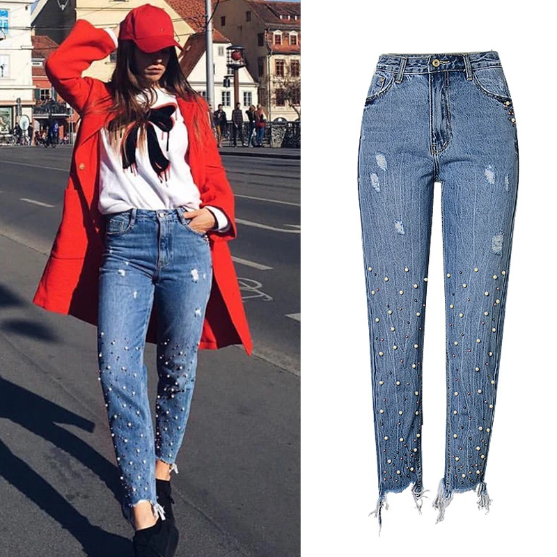CamKemsey Fringe Tassel Ripped Jeans For Women Spring Autumn High Waist Pearl Beaded Frayed Woman Blue Denim Pants | Женская одежда