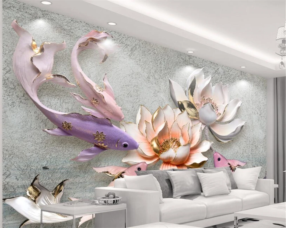 

Custom HD 3D Wallpaper Relief Lotus Fish Retro Photo mural TV Background Wall wall papers home decor papel parede Beibehang