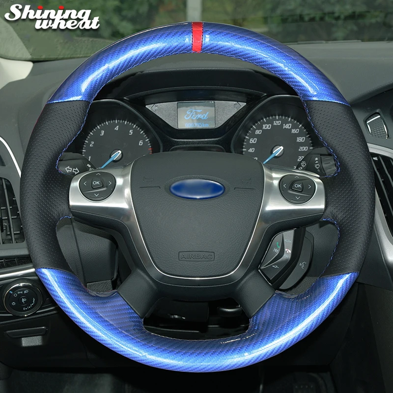 

Shining wheat Blue PU Carbon Fiber Hand-stitched Steering Wheel Cover for Ford Focus 3 KUGA Escape 2012 2013 C-MAX 2011-2014