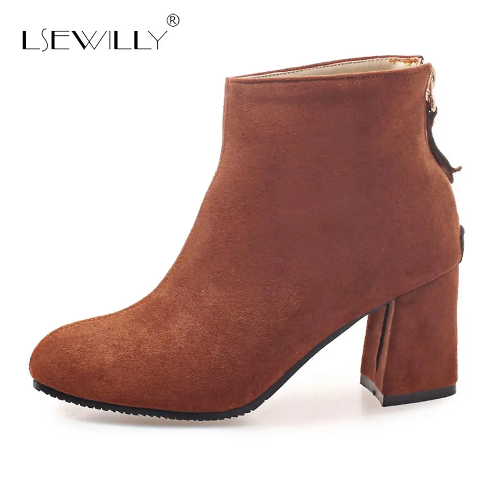

Lsewilly 2019 Women Boots Shoes Square High Heels Zipper Flock Ankle Boots Round Toe Autumn Shoes Boots Plus Size 34-43 S639