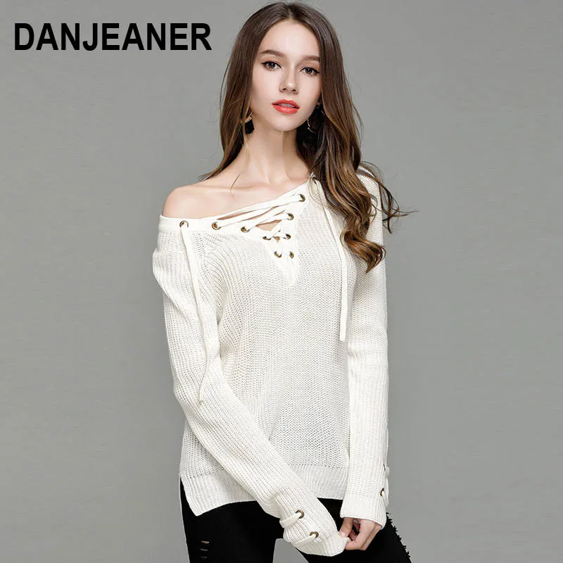Danjeaner Sexy Lace Up Knitted Winter Sweater Women Loose Long Sleeve White Pullovers 2018 Plus Size Outwear Jumper Top Femme
Danjeaner Sexy Lace Up Knitted Winter Sweater Women Loose Long Sleeve White Pullovers 2018 Plus Size Outwear Jumper Top Femme