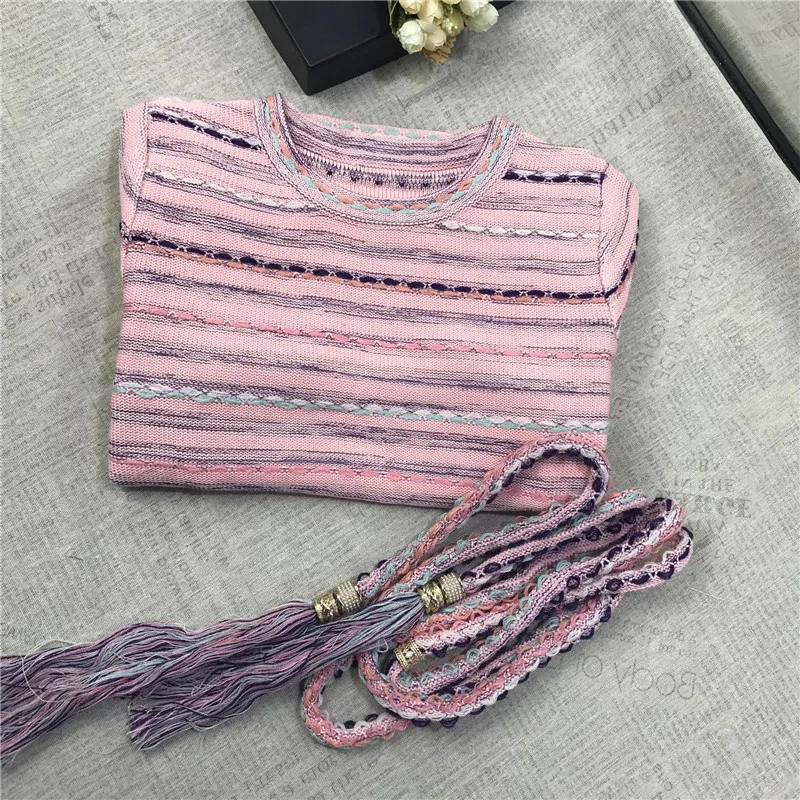 Luxury Runway Knitted Dress for Women Short Sleeve Colorful Striped Knitted Mini Dress with Tassel Waistband Party Vestidos
Luxury Runway Knitted Dress for Women Short Sleeve Colorful Striped Knitted Mini Dress with Tassel Waistband Party Vestidos