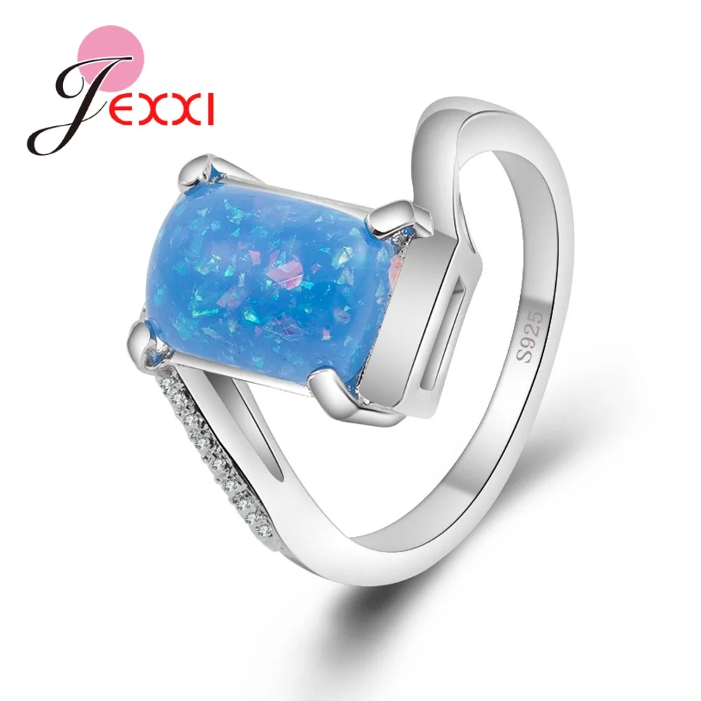 

Real 925 Sterling Silver Big Blue Rectangle Opal Stones Rings For Women Wedding Engagement Fine Jewelry Wholesale Anel