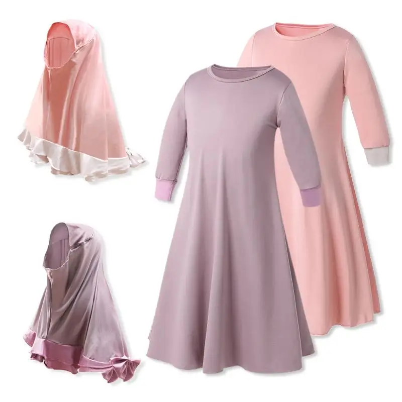 2PCS Traditional Flowers Kids Clothing Fashion Child Abaya Muslim Girl Dress Jilbab Islamic Children Hijab Dresses Sets | Тематическая