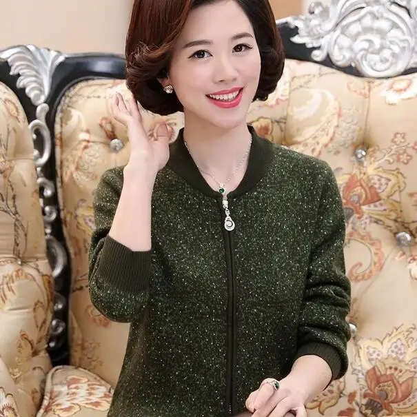 Middle Aged Women Sweater 2019 Long Sleeve Cardigan Slim Zipper Loose Knit Outwear Coat Plus Size DF431 |