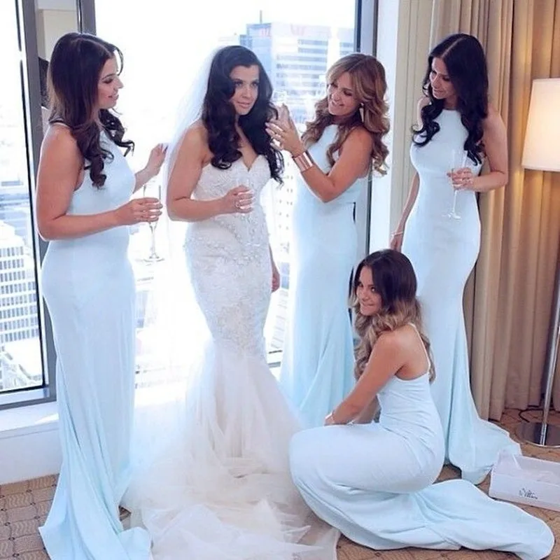 Simple Design Halter Bridesmaid Prom Gown Backless Mermaid Sweep Train Floor Length Wedding Party Dress
Simple Design Halter Bridesmaid Prom Gown Backless Mermaid Sweep Train Floor Length Wedding Party Dress