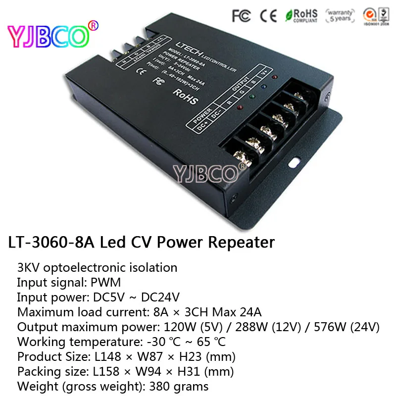 led Controller DC5V-24Vinput 8AX3CH output LT 3060-8A Led CV Power Repeater(amplifier) for RGB single color strip lights
led Controller DC5V-24Vinput 8AX3CH output LT 3060-8A Led CV Power Repeater(amplifier) for RGB single color strip lights