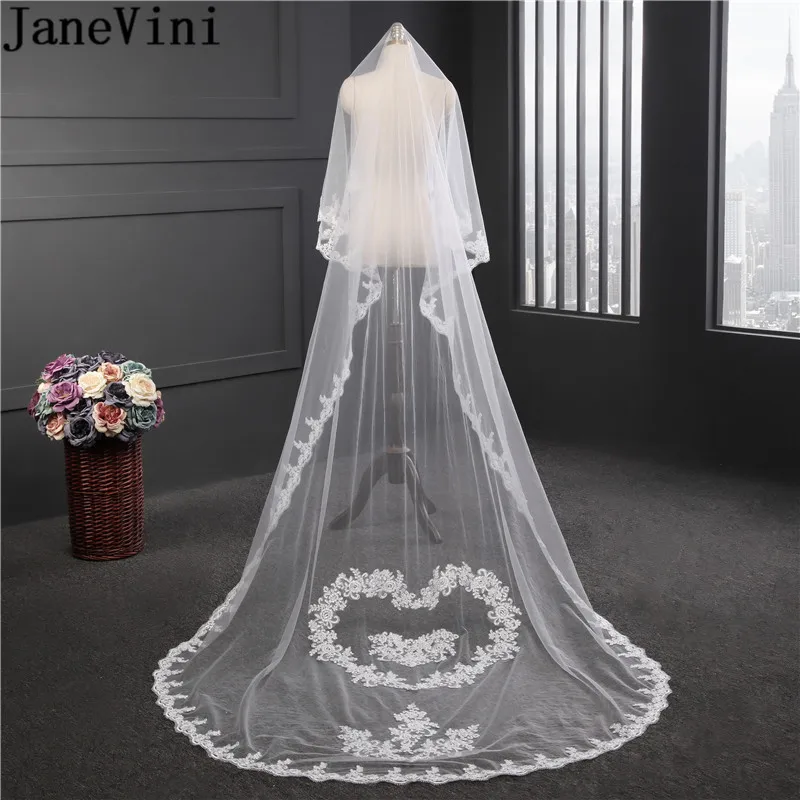 

JaneVini Cathedral Wedding Veil Lace White One Layer 3 Meters No Comb Long Heart-shaped Decoration Bridal Veils Tul Velo Novia