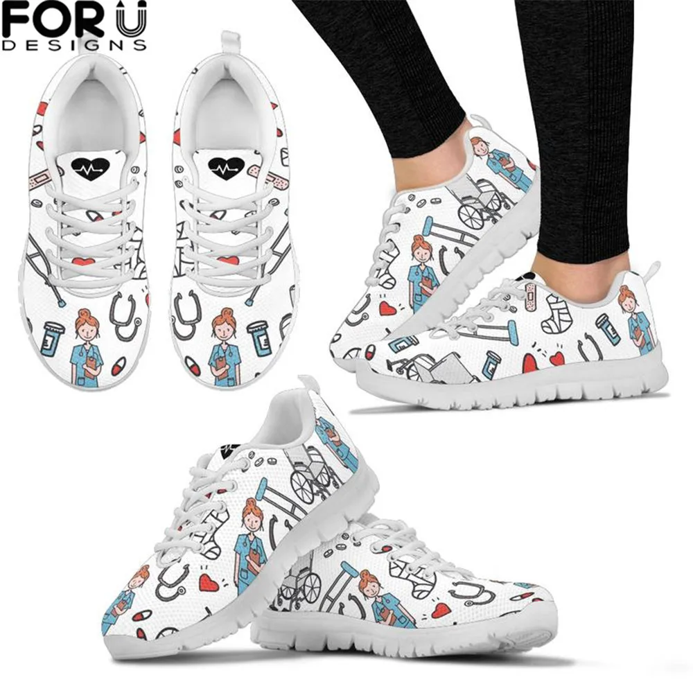 

FORUDESIGNS Cartoon Sketch Physio Print Flats Shoes Air Mesh Women Casual Lace-up Summer Soft Nurse Sneaker Shoes For Teen Girls