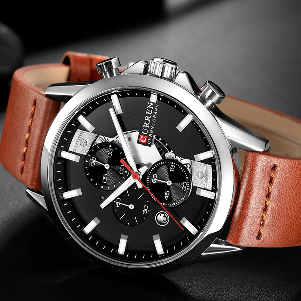 Curren Mens Watches Top Brand Luxury Chronograph Men Watch Leather Waterproof Sport Male Clock Man Wristwatch | Наручные часы