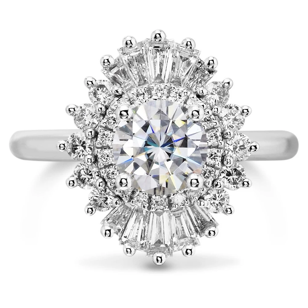 

1.00 carat 6.5mm Round Brilliant Cut Moissanite Engagement Ring Setting with Baguette Stone Halo Solid 14k White Gold