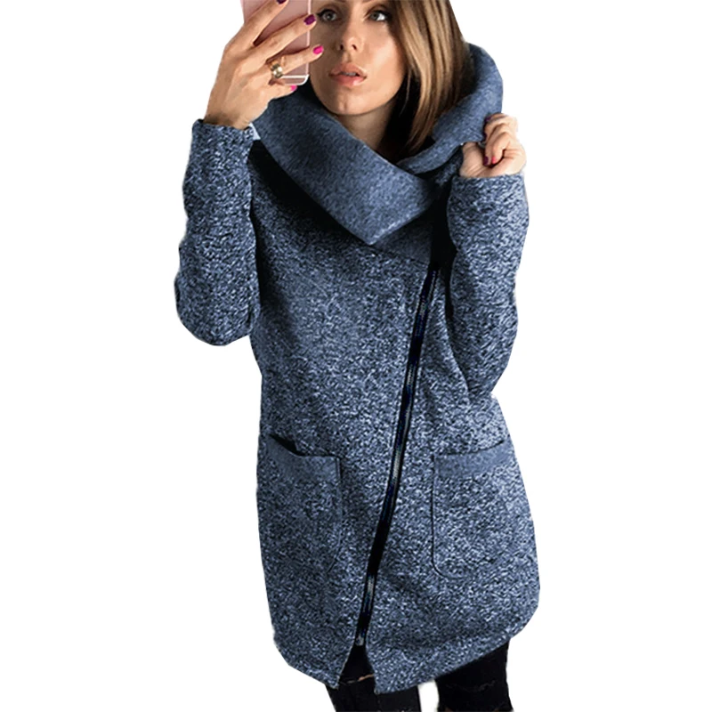 Куртка женская на молнии с карманами и отложным воротником теплая весна-осень 2019