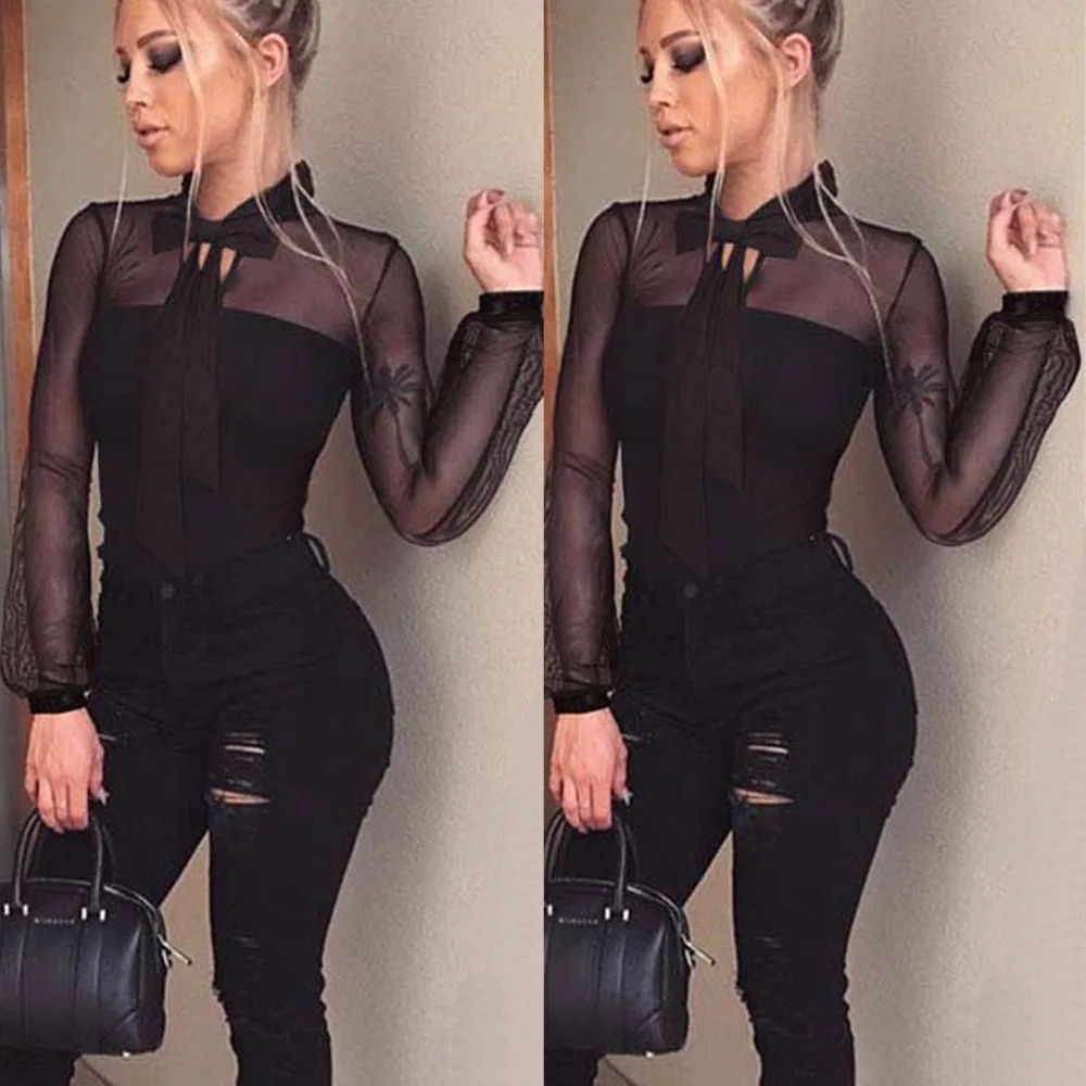 

2018 New Arrivals Spring Women Mesh Black Long Sleeve Bodysuit Sexy Transparent Sheer Bow Tie Romper Feminino Body Suit Macacao