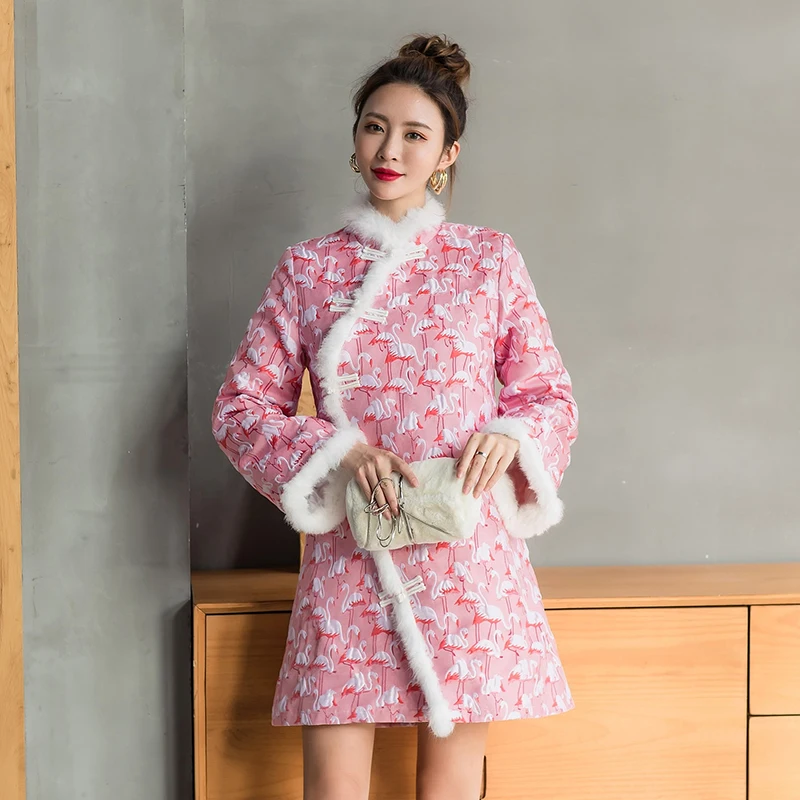 QoerliN Ретро Стеганое пальто куртка Женская Cheongsam Китайский Улучшенный Жаккард
