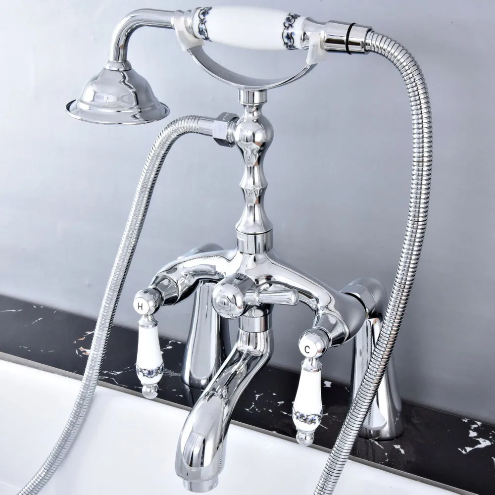 Polished Chrome Brass Double Ceramic Flower Handles Deck Mounted Claw Foot Bathroom Tub Faucet Mixer Tap With Handshower mtf762
Polished Chrome Brass Double Ceramic Flower Handles Deck Mounted Claw Foot Bathroom Tub Faucet Mixer Tap With Handshower mtf762
