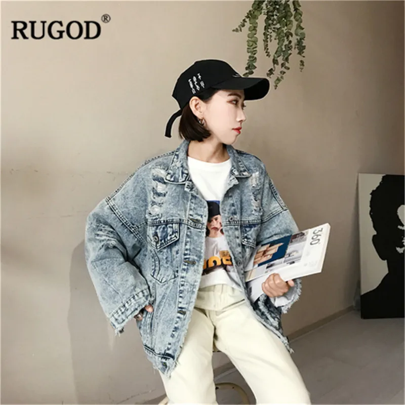RUGOD/модные рваные джинсовые куртки повседневные свободные с воротником-стойкой