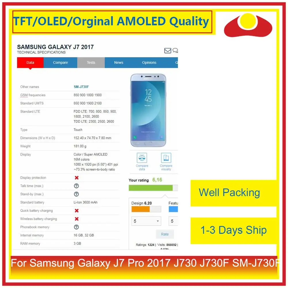 ORIGINAL 5.5" For Samsung Galaxy J7 Pro 2017 J730 J730F SM-J730F LCD Display With Touch Screen Digitizer Panel Pantalla Complete
ORIGINAL 5.5" For Samsung Galaxy J7 Pro 2017 J730 J730F SM-J730F LCD Display With Touch Screen Digitizer Panel Pantalla Complete