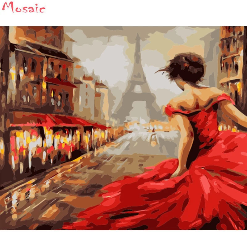 DIY Алмазная Картина Пейзаж Париж башня красное платье женщина вышивка горный