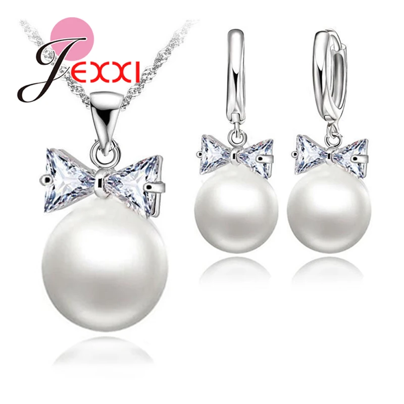 925 Sterling Silver Pearl Hoop Earrings Necklace Bowknot Crystals Jewelry Set For Women Girls Wedding Party Nice Gifts S
925 Sterling Silver Pearl Hoop Earrings Necklace Bowknot Crystals Jewelry Set For Women Girls Wedding Party Nice Gifts S