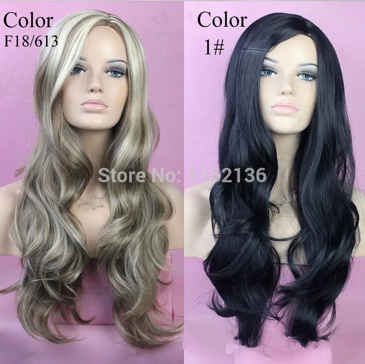 color 1# and F18/613# Long Layes Wavy Fox Red Jet Black Blonde mix Ladies Wig Heat Resistant Wigs curly wigs |