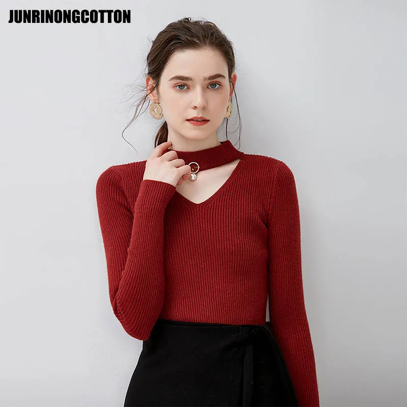 autumn winter long sleeve women's sweater elegant slim V neck knitting Pullovers 2018 female Solid color Elasticity jumper | Женская