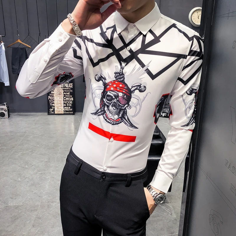 17 spring new fashion wear hat skull printing men's long sleeved Korean dress shirt 1613 white P55
17 spring new fashion wear hat skull printing men's long sleeved Korean dress shirt 1613 white P55
