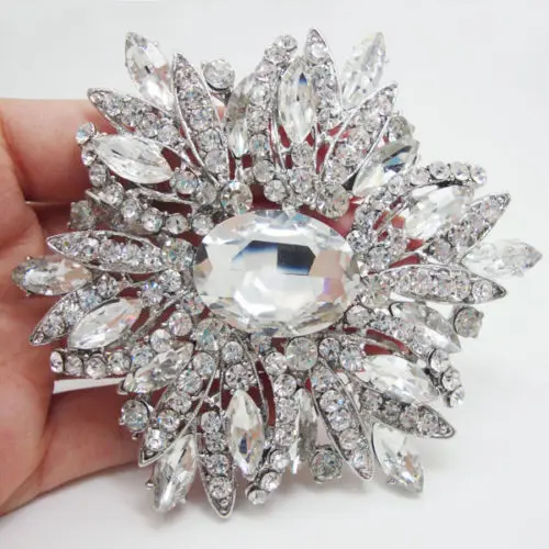 

Silver Tone Gorgeous Flower Clear Rhinestone Crystal White Bride Oval Brooch Pin Pendant