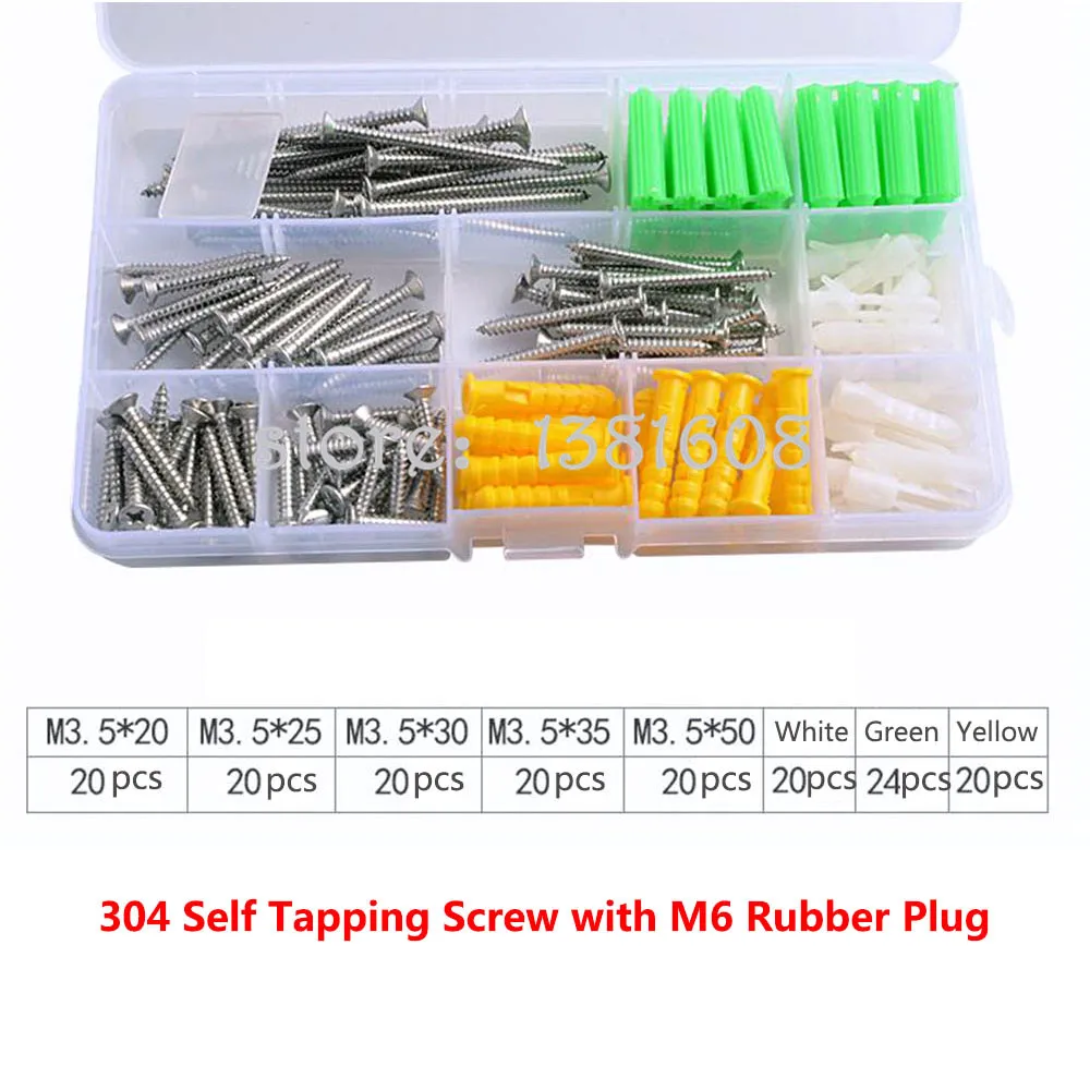 1SET 304 Stainless Steel Self-tapping Screw Combination Kit with M6 Yellow Green White Rubber Plug Box Expansion Screw Set
1SET 304 Stainless Steel Self-tapping Screw Combination Kit with M6 Yellow Green White Rubber Plug Box Expansion Screw Set