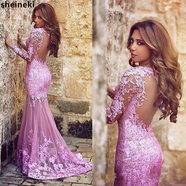 

2019 Long Sleeve Mermaid Prom Dresses Applique Lace Sweep Train Illusion Backless Formal Party Evening Dresses Arabic Dresses