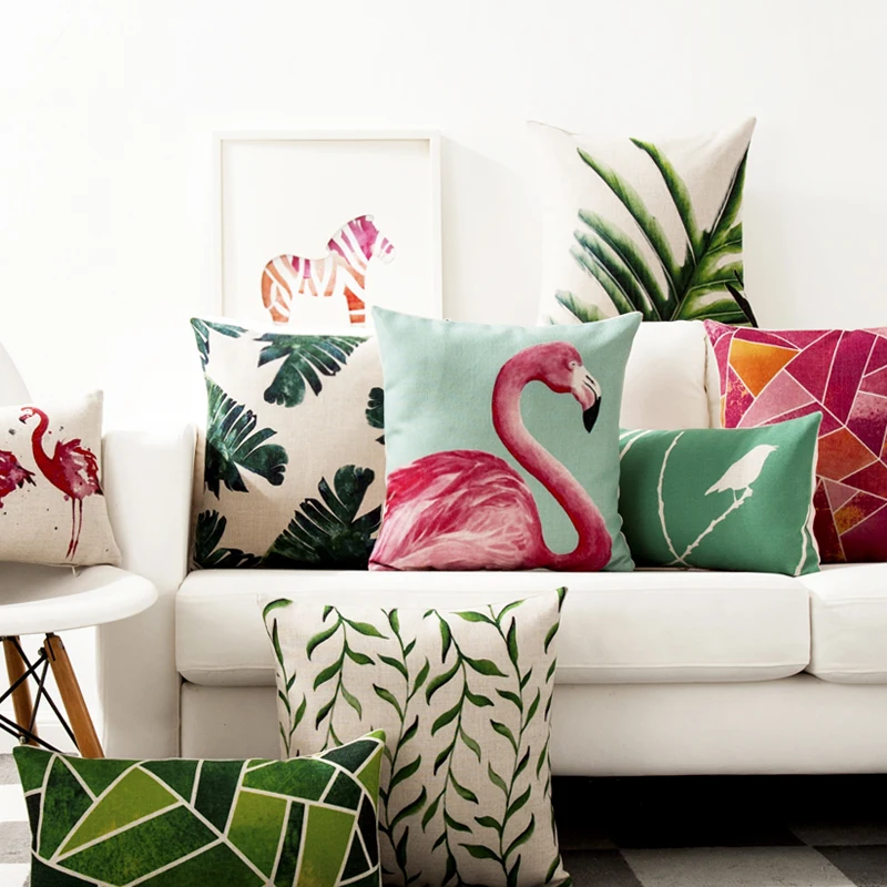 

Tropical Plants Flamingo Flora Pillow Cushion Cover Home Decorative Pillows Thick Linen Pillow Case Sofa Cushions